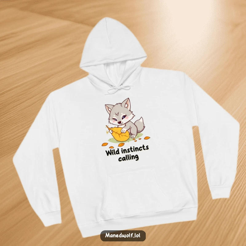 Funny kawaii maned wolf hoodie featuring a cute creature playfully pouncing on a leaf, offering warmth and adorable humor.