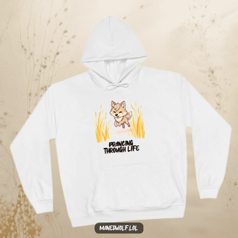 Funny maned wolf hoodie, illustrating a maned wolf humorously prancing through wind-swept golden grass, evoking a sense of majestic playfulness.
