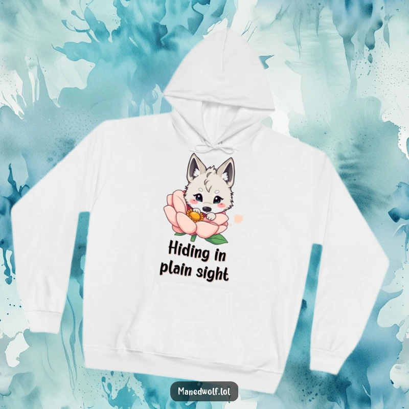 Funny kawaii maned wolf peeking from behind a large, whimsical flower, offering a cozy and adorable look on a hooded sweatshirt.