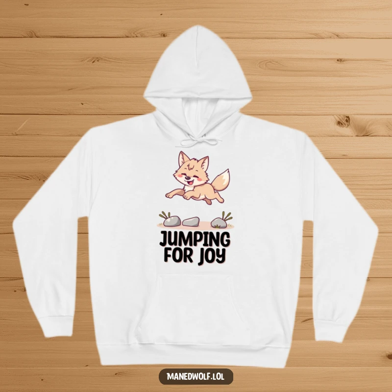 Funny maned wolf leaping energetically, overcoming an obstacle, warm and cozy hoodie, perfect funny gift.