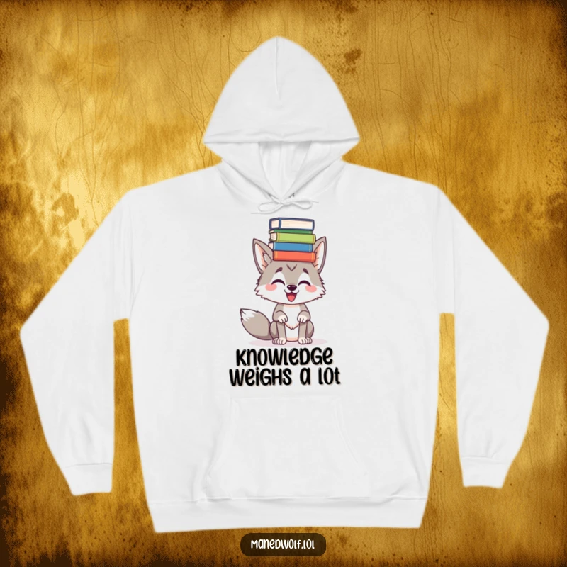 Funny Maned wolf with books stacked high on its head, featured on a cozy hoodie, a symbol of humorous intellectual pursuits.