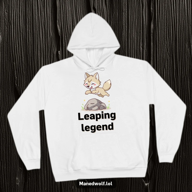 Funny Maned Wolf Hoodie: Character joyfully leaping over a small rock, radiating happiness, perfect for cozy and humorous wear.