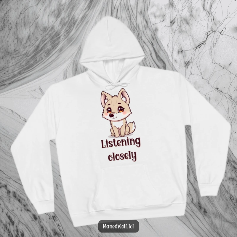 Funny maned wolf hoodie showing a curious maned wolf with fluffy ears tilting its head.