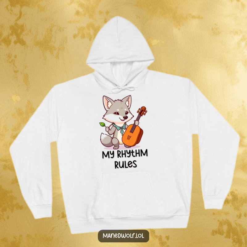 Funny, soft hoodie with a kawaii maned wolf conducting an orchestra using a leaf, perfect for cozy rehearsals.