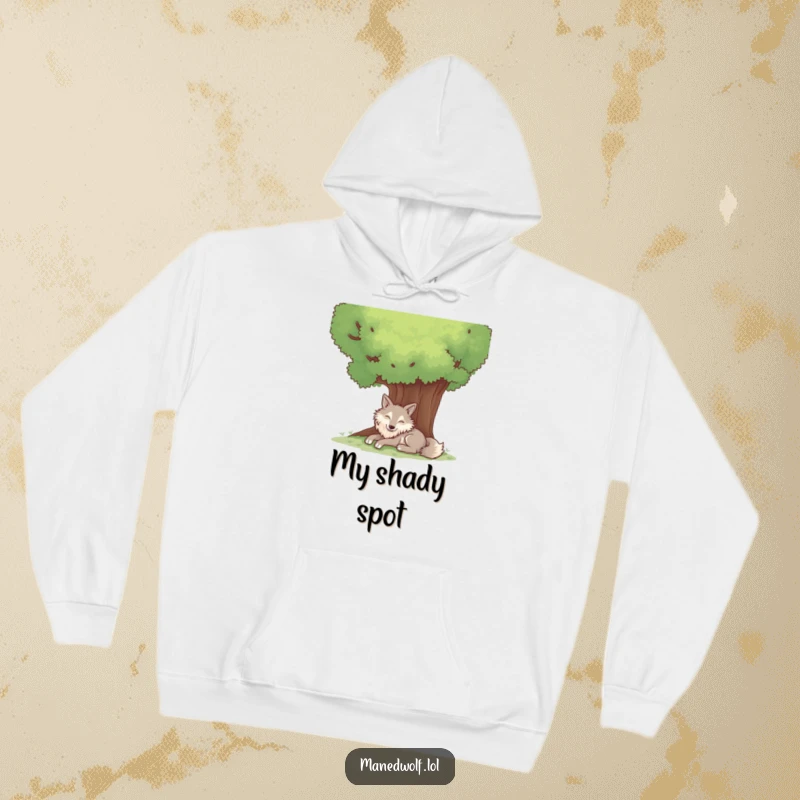 Funny hoodie showing a contented maned wolf peacefully resting under the shade of a large, sprawling tree.