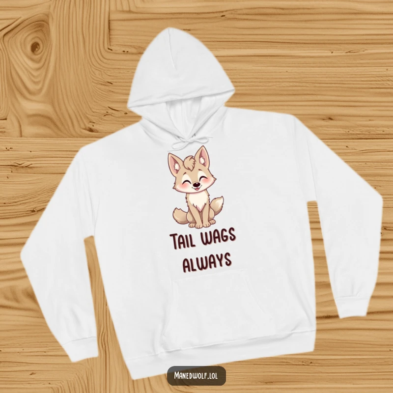 Funny playful maned wolf hoodie, tail wagging, friendly nod, soft and welcoming for all.
