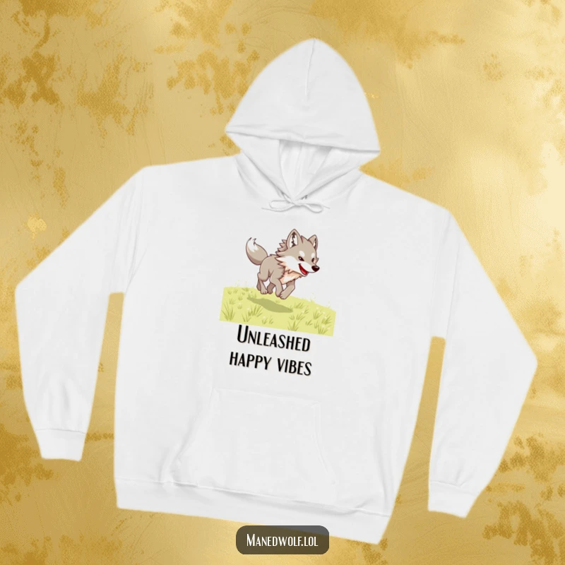 Funny maned wolf hoodie depicting a joyful wolf bounding across an open field with great energy.