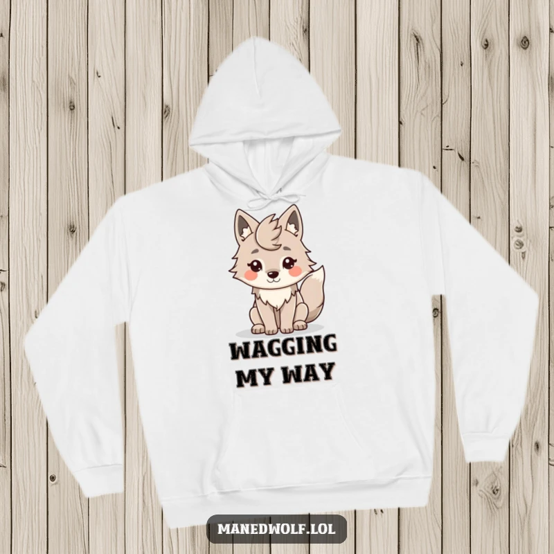 Funny Kawaii Maned Wolf Hoodie: A smiling wolf with a wagging tail, offering warmth and adorable style.