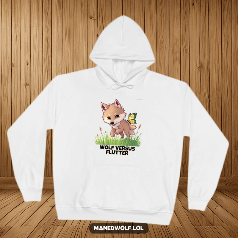 Funny maned wolf hoodie illustration of a happy wolf energetically pursuing a colorful, glittering butterfly.