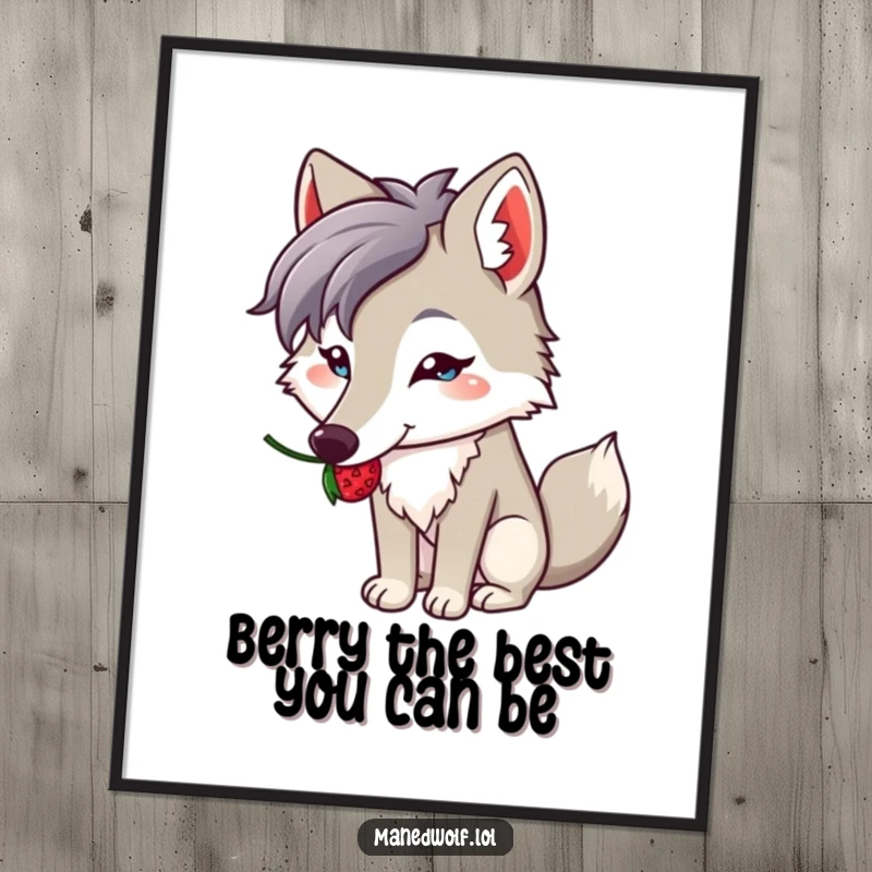 Funny Free Printable Wall Art: a cute kawaii maned wolf balancing a berry on its long snout, showcasing charming skill.