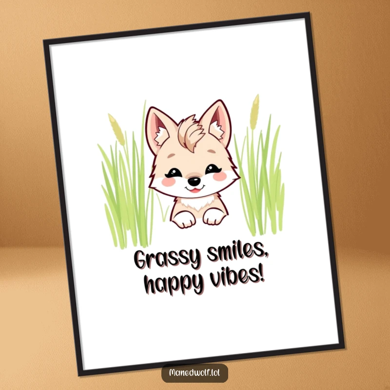 Free Printable Wall Art: A kawaii maned wolf with a sweet smile peeking cutely from behind tall, textured green grass.