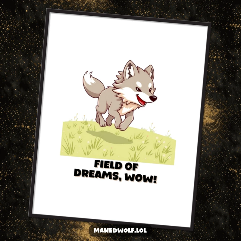 Free Printable Wall Art: A maned wolf in mid-leap, joyfully bounding across a bright, expansive open field.