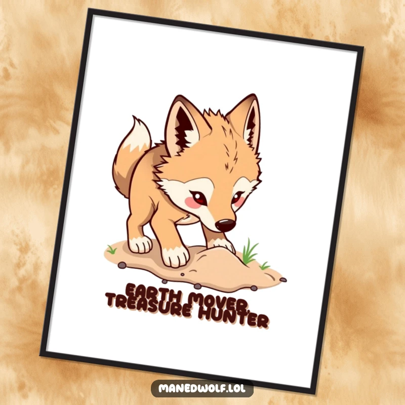 Funny Free Printable wall art depicting an adorable maned wolf digging excitedly, a downloadable piece of playful art.