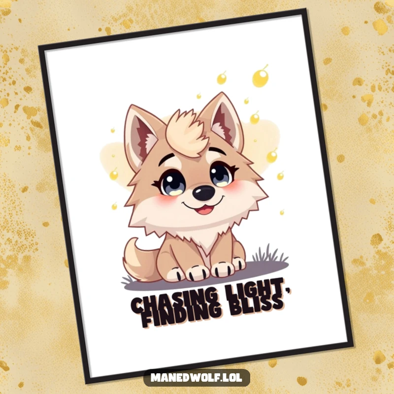 Free Printable Wall Art: A maned wolf with wide, happy eyes watches fireflies at dusk, capturing a moment of serene wonder.