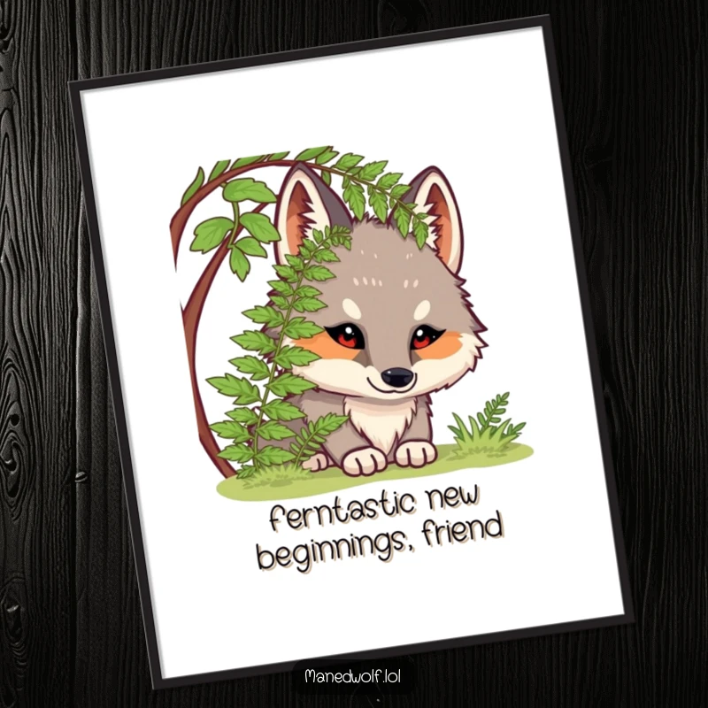 Funny Free Printable Wall Art: A chubby maned wolf curiously peeking out from behind a fern, adding a touch of playful mystery to decor.