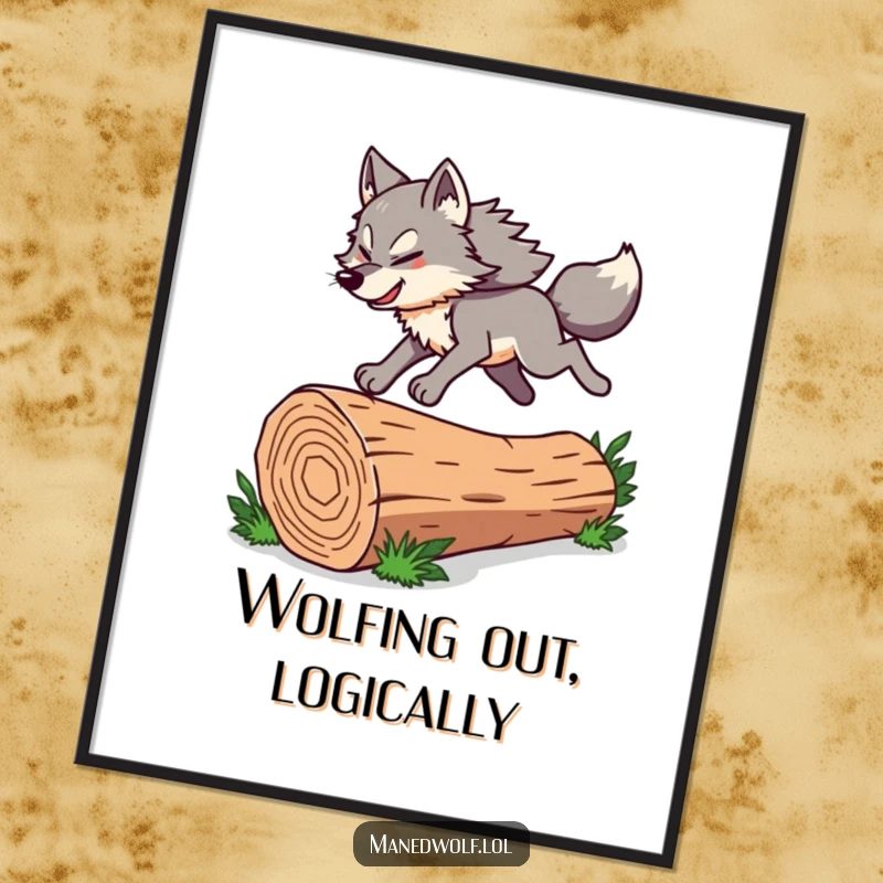 Funny Free Printable Wall Art: Maned wolf caught mid-air, leaping powerfully over a fallen log, dynamic decor.