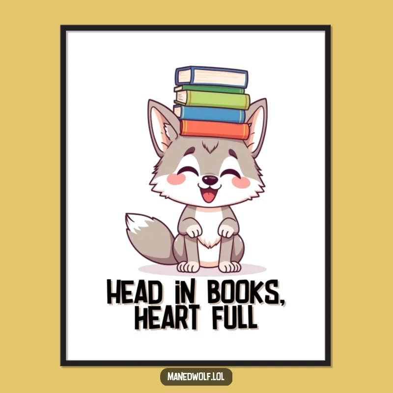 Free Printable Wall Art: Funny Maned Wolf Balancing Books Head, Downloadable Decor