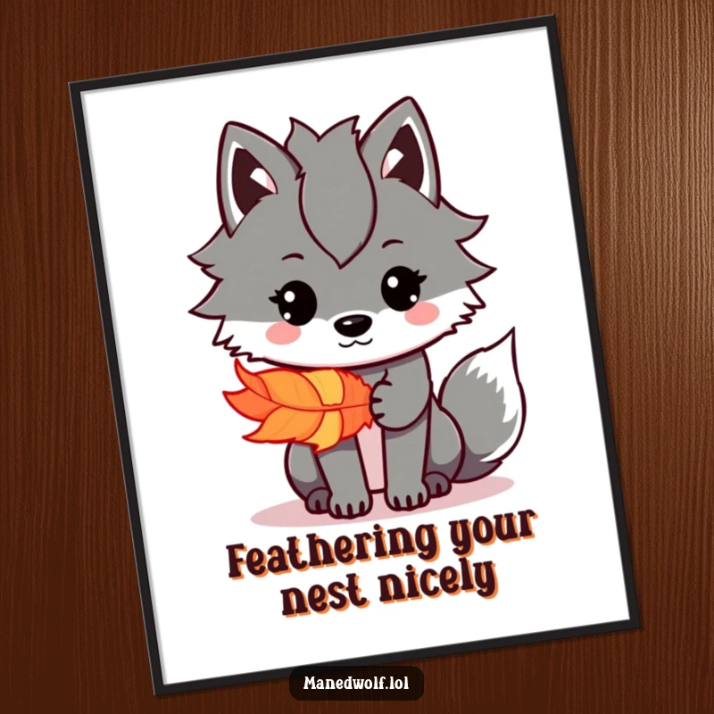 Funny Free Printable Wall Art: Kawaii maned wolf holding out a bright, colorful feather, symbolizing a special offering or gift.