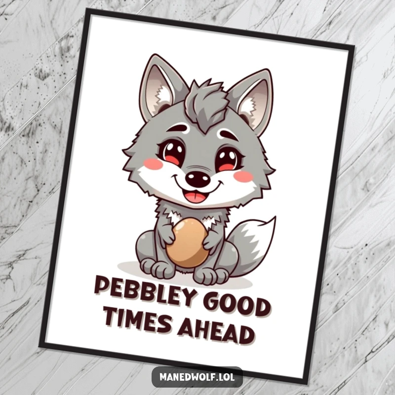 Funny Free Printable Wall Art: a friendly maned wolf with a big grin offering a shiny pebble, radiating good cheer.