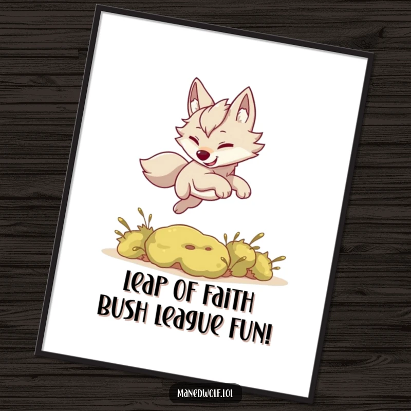 Funny Free Printable Wall Art: Kawaii maned wolf in a dynamic, playful leap over a small green bush, adorable and cheerful.