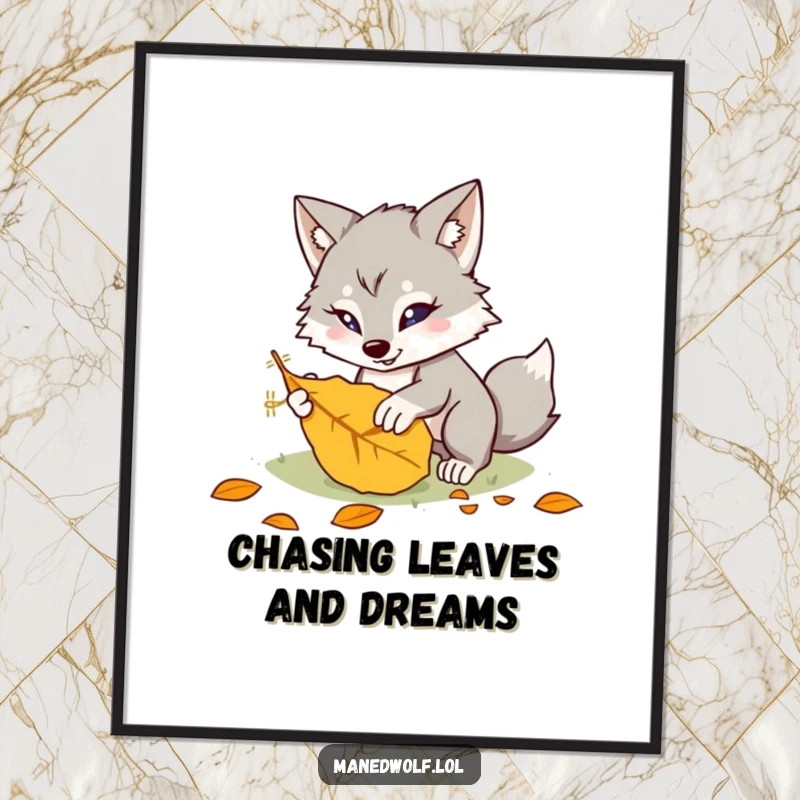 Funny Free Printable Wall Art: A kawaii maned wolf is caught mid-pounce, playfully attacking a colorful fallen leaf.