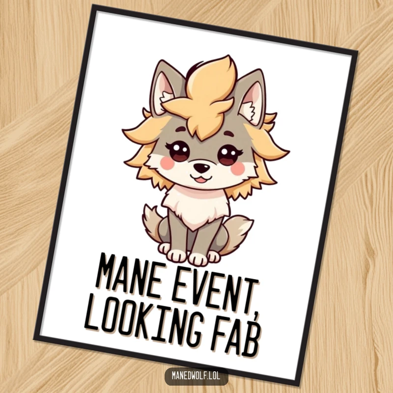 Funny Free Printable Wall Art: Majestic kawaii maned wolf exuding confidence, proudly showcasing its magnificent and bushy mane.