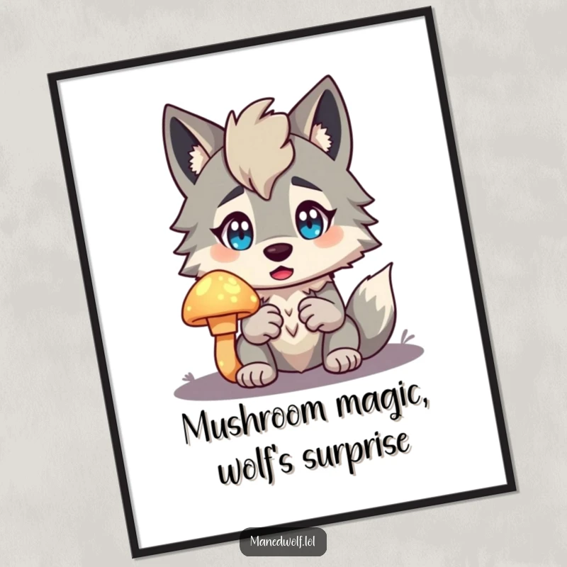 Funny Free Printable Wall Art: Maned wolf looking surprised, holding a brightly glowing mushroom, enchanting decor.
