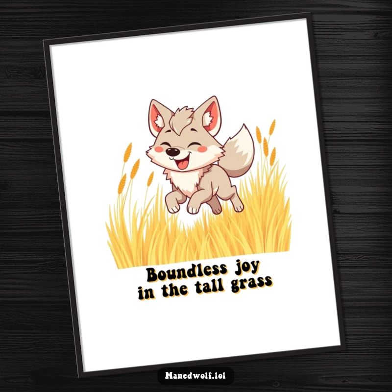 Funny Free Printable Wall Art: Joyful maned wolf bounding through tall golden grass with a wide smile, full of life.