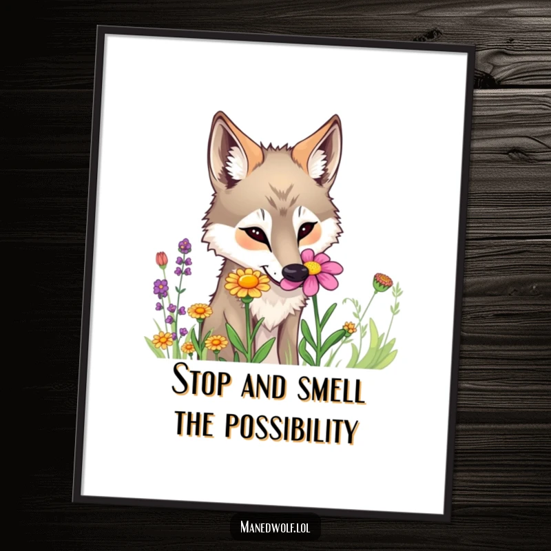 Funny Free Printable Wall Art: Curious maned wolf intently sniffing a colorful wildflower, embodying nature's fascinating details.