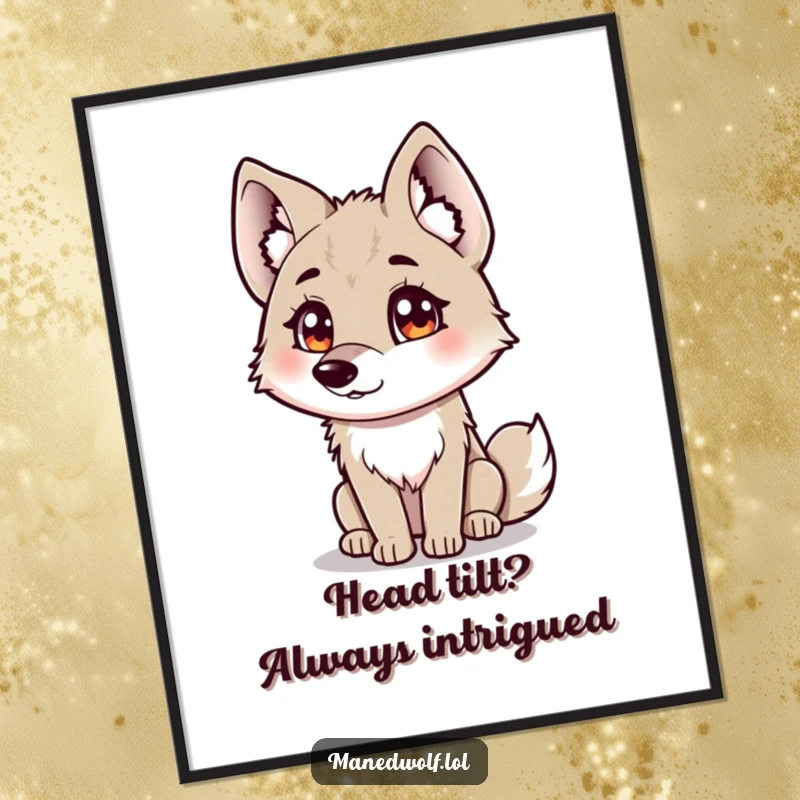 Funny Free Printable Wall Art: A maned wolf with fluffy ears tilting its head, looking intriguingly curious.