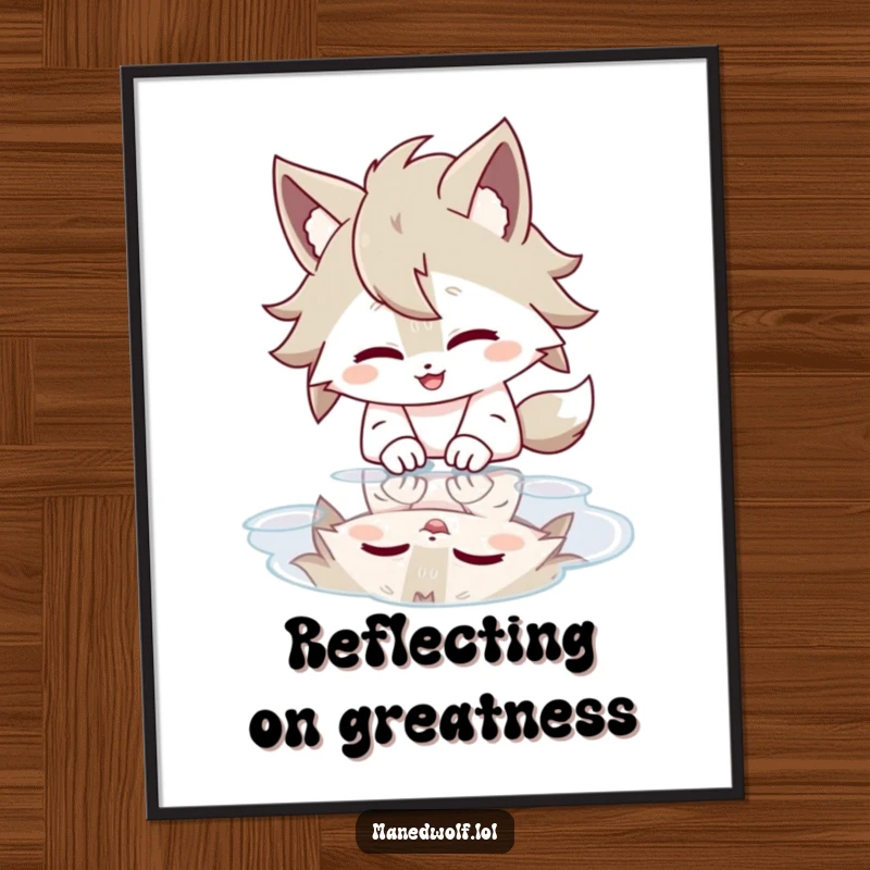 Funny Free Printable Wall Art of a maned wolf caught in a moment of delightful self-amusement, giggling at its own reflection in a puddle.
