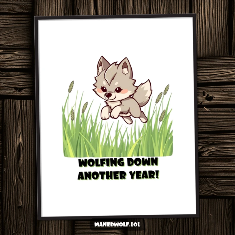 Funny Free Printable Wall Art: Kawaii maned wolf leaping playfully through tall grass, a vibrant and fun piece.