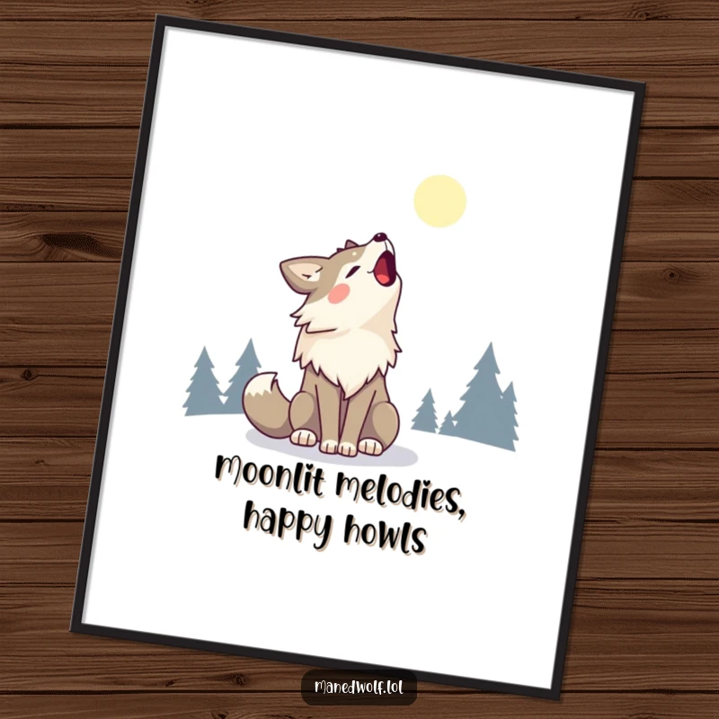 Funny Free Printable Wall Art: Kawaii maned wolf howling a happy song at the moon, a downloadable gift.