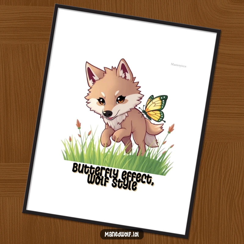 Funny Free Printable Wall Art: Maned wolf eagerly chasing a shimmering butterfly through tall grass, dynamic and playful downloadable nature art.