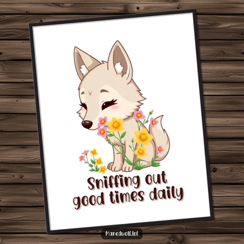 Funny Free Printable Wall Art showing a maned wolf character delightedly sniffing wildflowers.