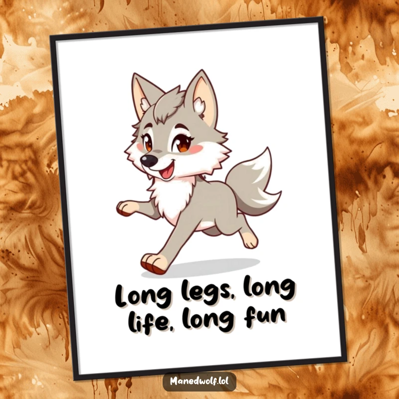 Funny Free Printable Wall Art featuring a maned wolf performing a happy, bouncy trot.