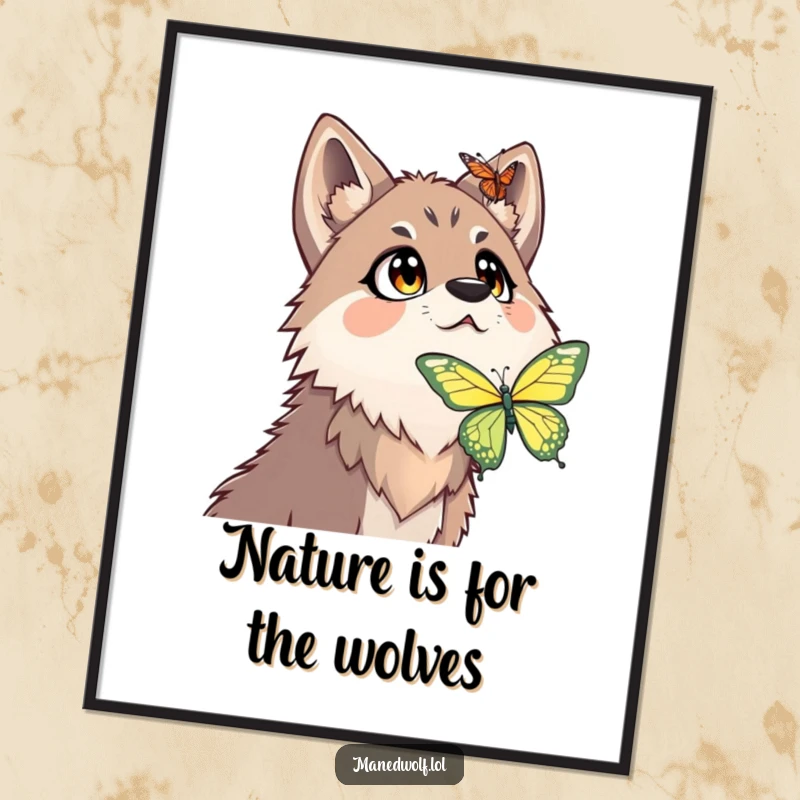 Funny Free Printable Wall Art: A maned wolf staring with comical surprise at a fluttering butterfly overhead.