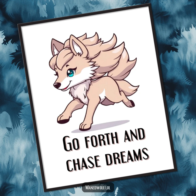 Funny Free Printable Kawaii Maned Wolf Wall Art: A wolf runs with its mane flowing, capturing a moment of dynamic energy and wild beauty.