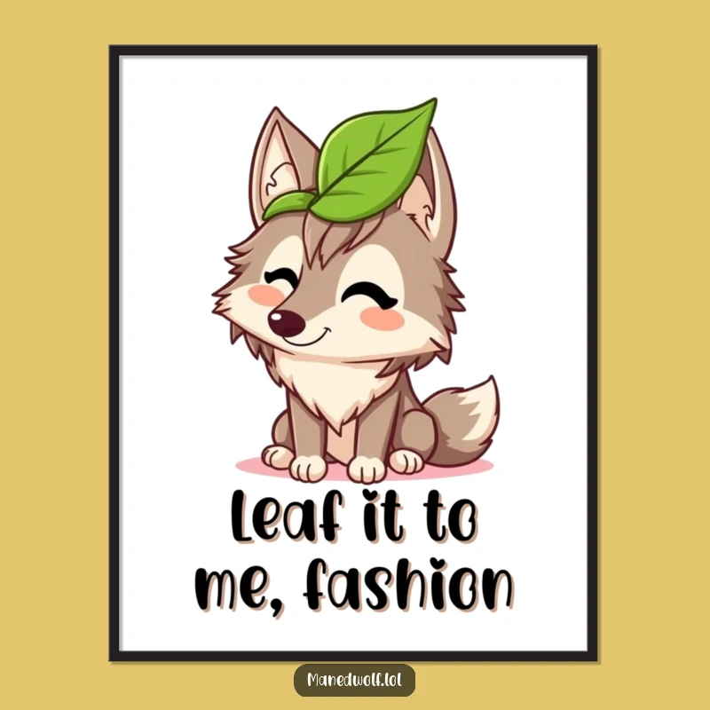 Free Printable Funny Maned Wolf Wall Art: Leaf Hat Giggles Downloadable Decor