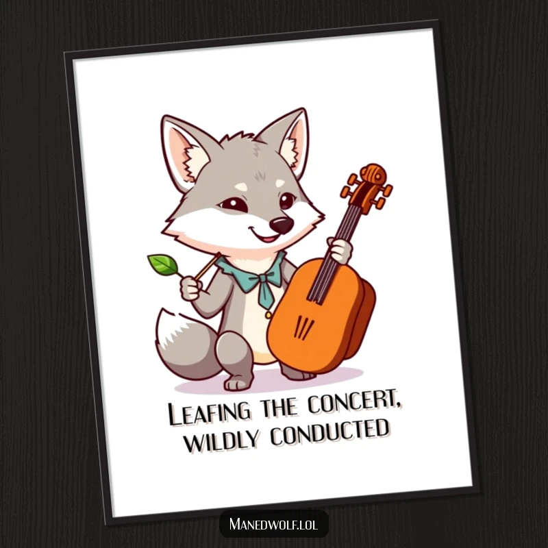 Funny Free Printable Wall Art: A kawaii maned wolf energetically conducts an imaginary orchestra with a single leaf.
