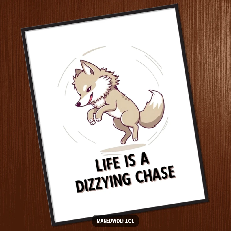 Funny Free Printable Wall Art: A maned wolf energetically chasing its own tail in a tight, dizzying circle, looking comically obsessed.