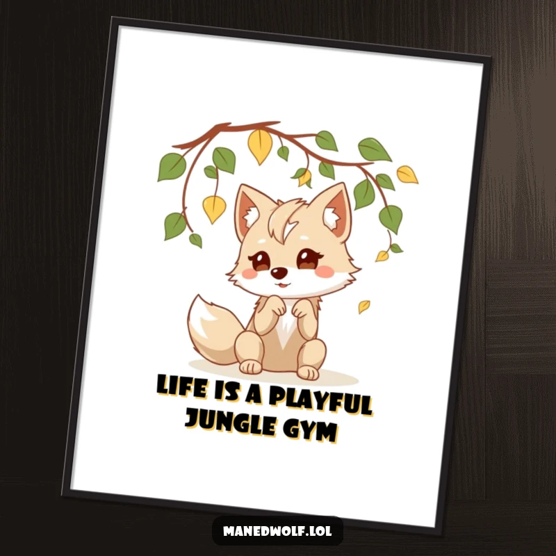 Funny Free Printable Kawaii Maned Wolf Wall Art: A playful wolf bats at dangling leaves, bringing adorable forest energy to your space.