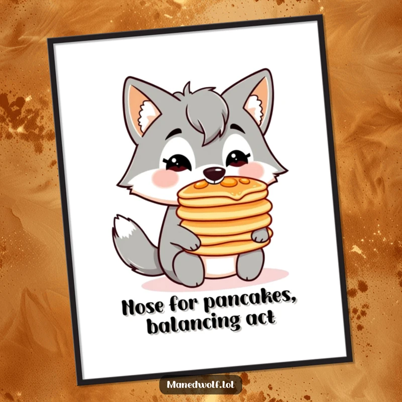 Funny Free Printable Wall Art: A kawaii maned wolf masterfully balances a tall stack of pancakes on its nose.