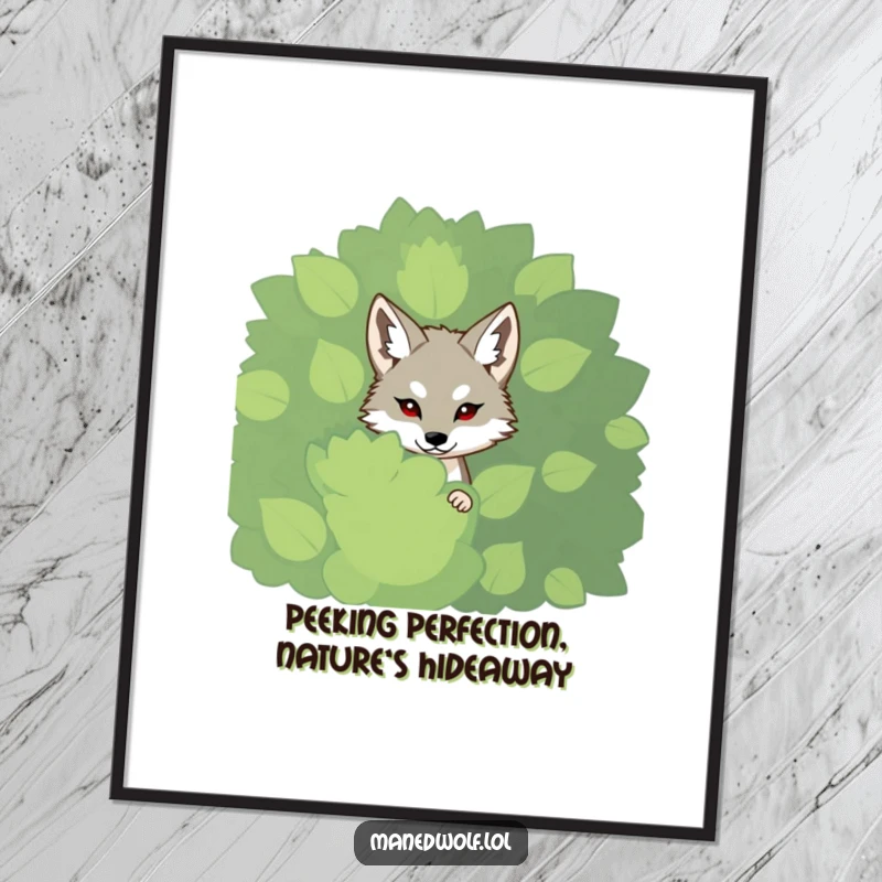 Funny Free Printable Wall Art: A shy maned wolf peeking out from behind a large, leafy bush, adding a touch of mystery.