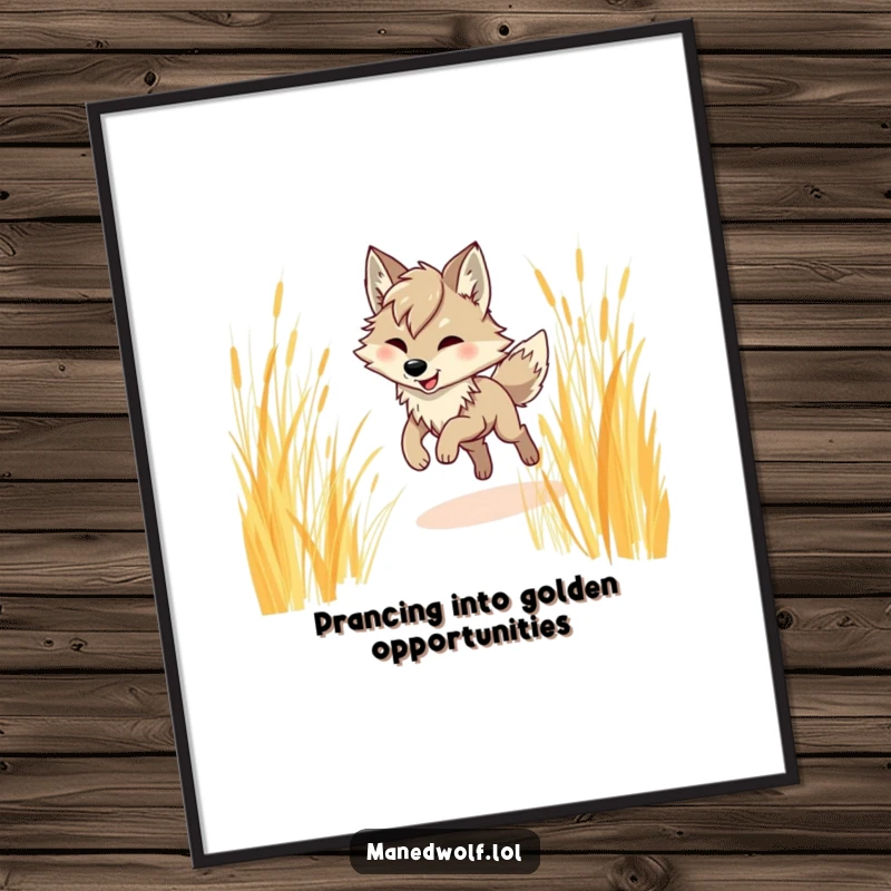 Funny Free Printable Wall Art: A maned wolf character joyfully prancing through tall, golden grass, exuding elegance.