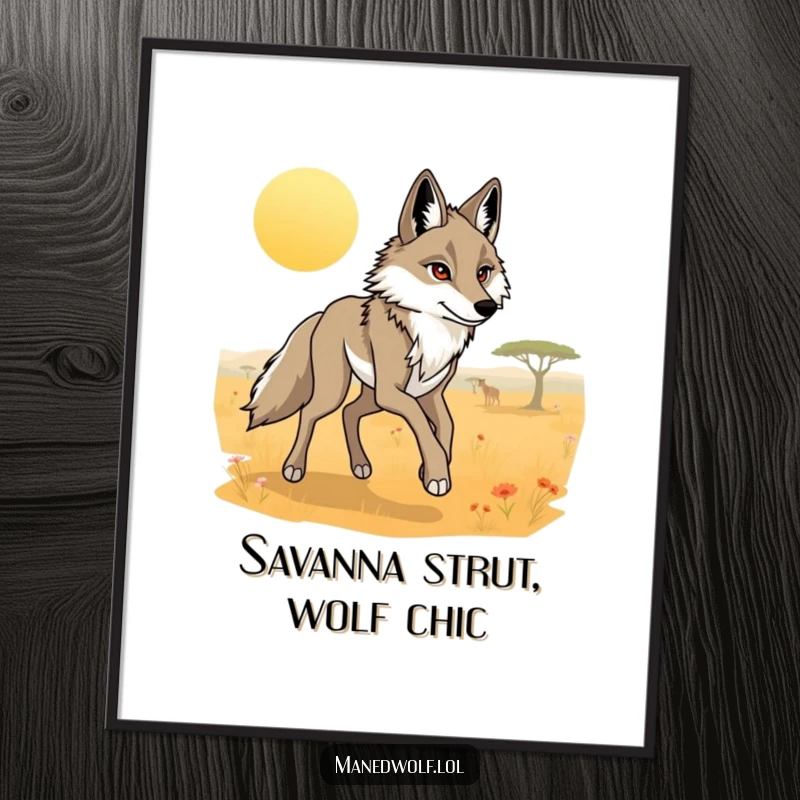 Free Printable Wall Art: Maned wolf with long legs gracefully trotting through a sunlit savanna, elegant and atmospheric downloadable art.