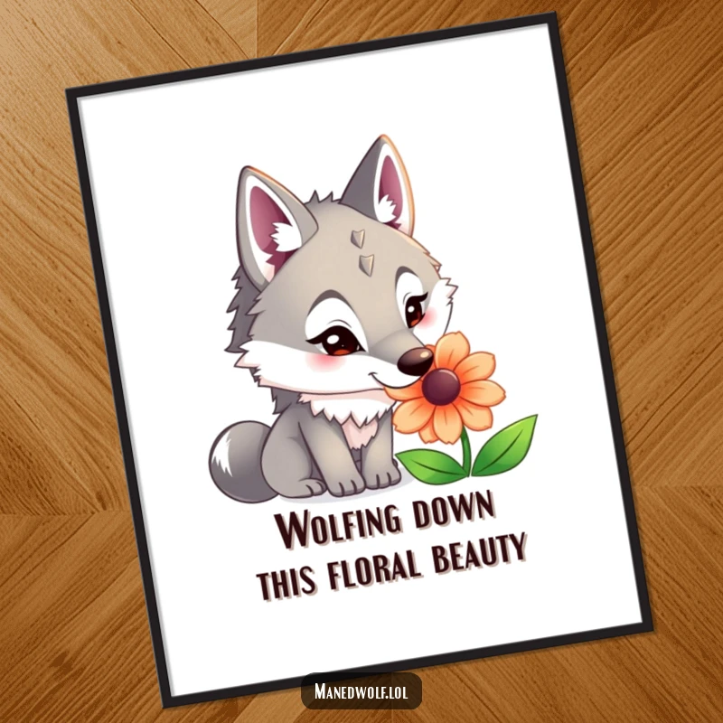 Funny Free Printable Wall Art: Maned wolf with a curious expression sniffing a vibrant flower, whimsical downloadable animal art.