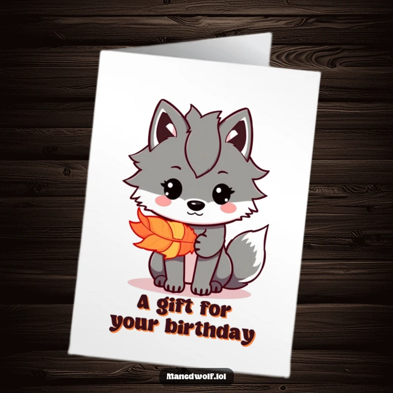 Funny Free Printable Birthday Card: Kawaii maned wolf presenting a bright, colorful feather as a special birthday present.
