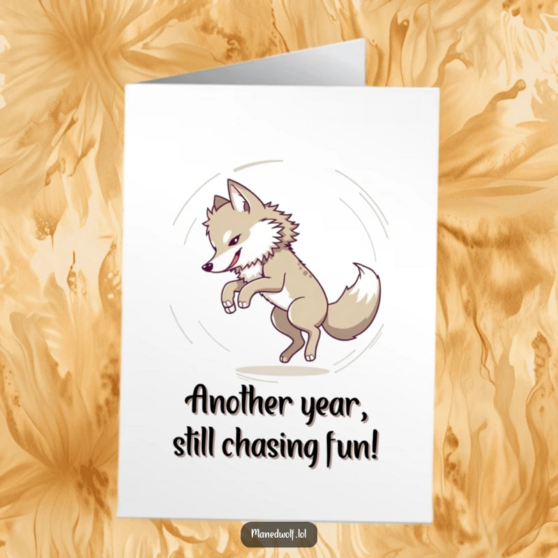 Funny Free Printable Birthday Card: A maned wolf spinning in a circle, eyes crossed, hilariously chasing its own tail.