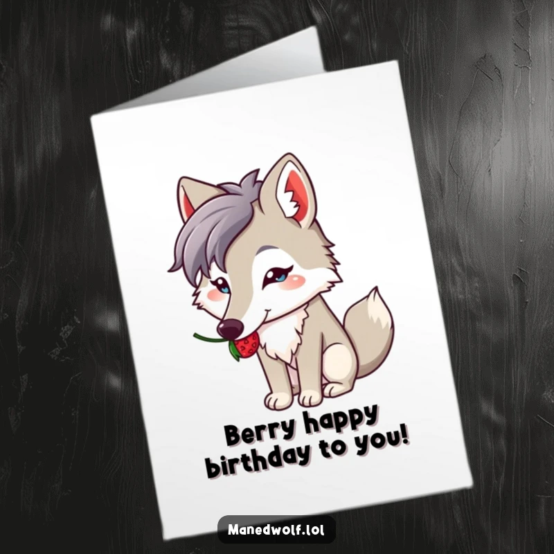Funny Free Printable Birthday Card: a kawaii maned wolf adorably balancing a bright berry on its long snout, full of charm.